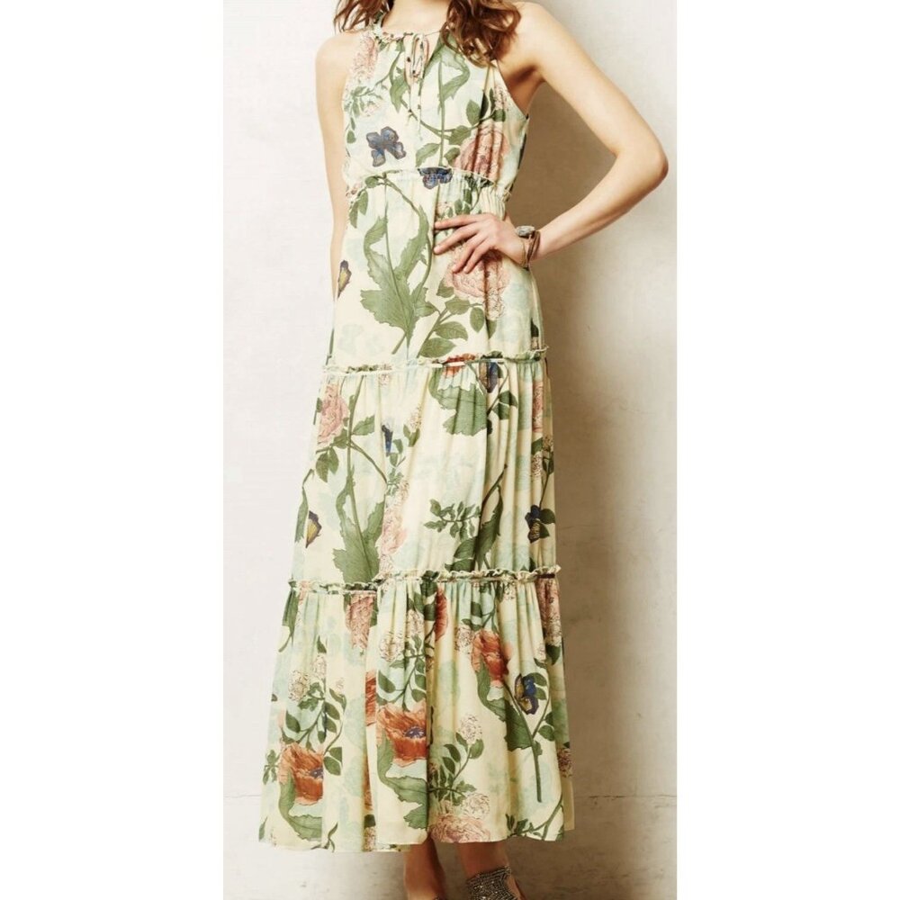 Maeve Anthropologie Ruffled Tiered Maravilla Maxi Dress Size 4 Floral Butterfly - Picture 2 of 11